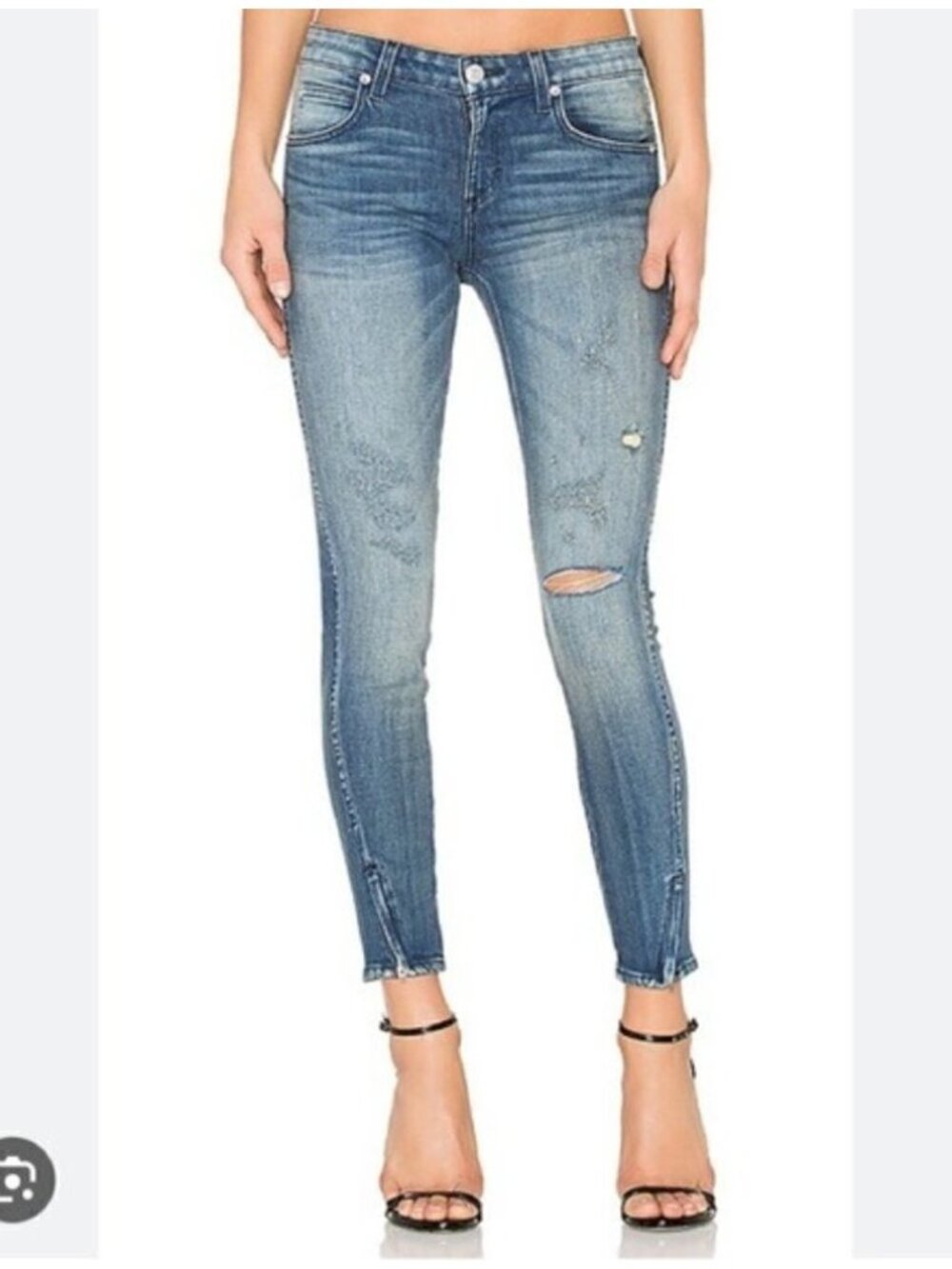 Amo Low Rise Twist Zip Ankle Slim Jeans in Dive Bar Wash Size 26 distressed
